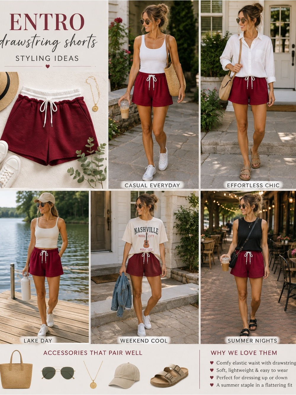 NWT Entro Boutique Burgundy Drawstring Athletic Shorts Sz L